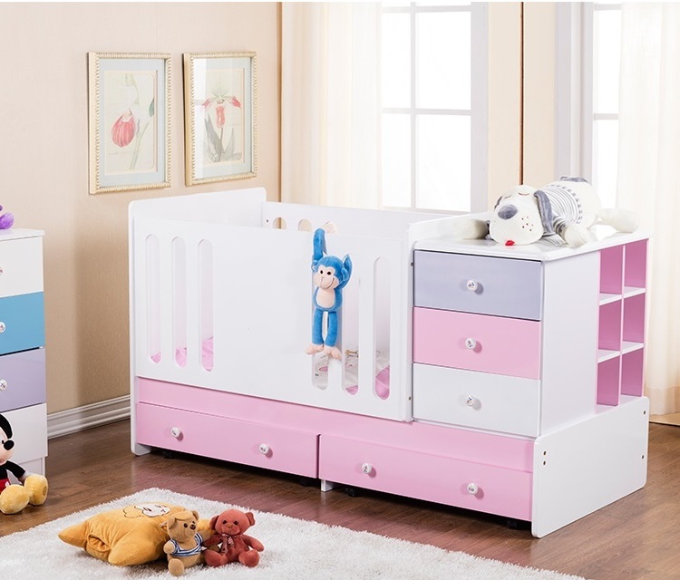 Pink MDF Multifunction Wooden 3 in 1 Convertible Baby Crib Toddler Bed With Changing Table