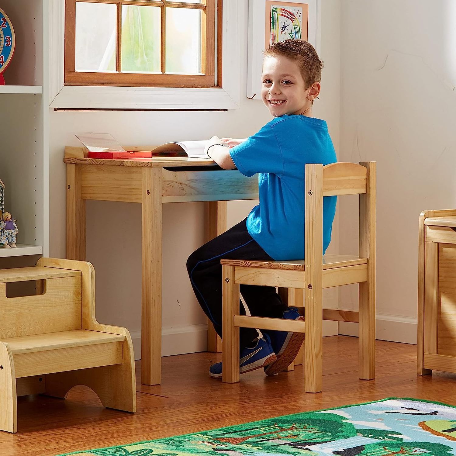 Kids Learning Solid Wood Table and Chair with Storage Wooden Nature Color Kids Study Table Set Children Study Desk And Chair