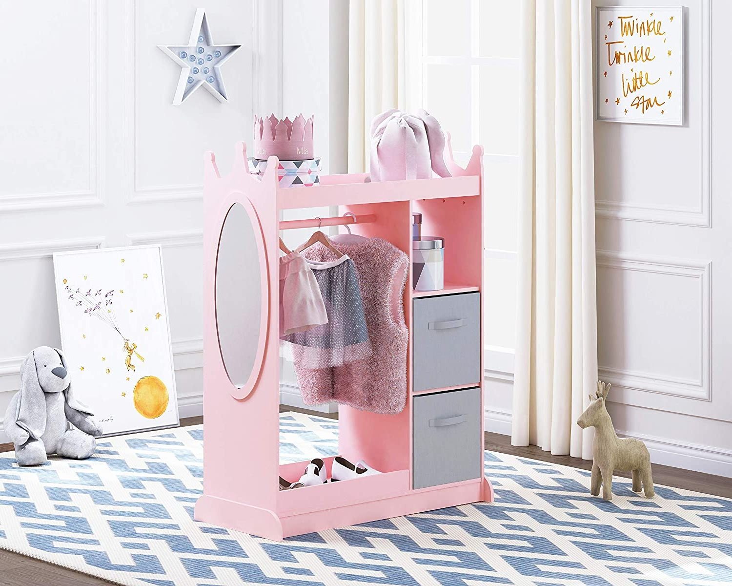 Wood Dress up Storage with Mirror Toddler Armoire Dresser with Mirror Costume Closet for Kids  Pretend Storage Closet