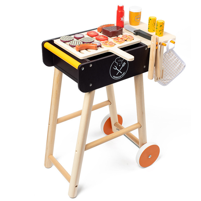 Hot Sales Pretend Barbecue Trolley Toy Wooden Construction Bench Barbecue Cart Toy