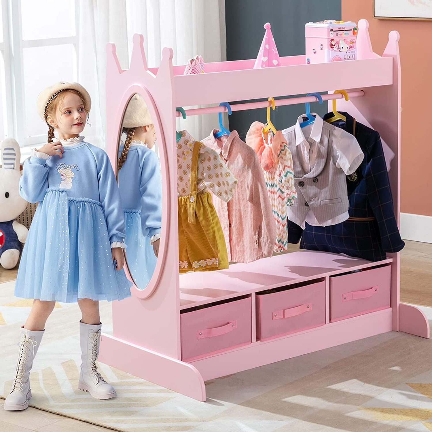 Hot sale Clothes Rack  Coat Rack Kid Armoire Dress-Up Closet with Mirror