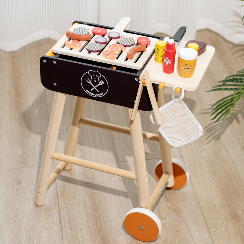 Hot Sales Pretend Barbecue Trolley Toy Wooden Construction Bench Barbecue Cart Toy