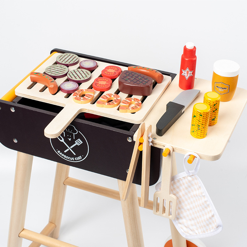 Hot Sales Pretend Barbecue Trolley Toy Wooden Construction Bench Barbecue Cart Toy