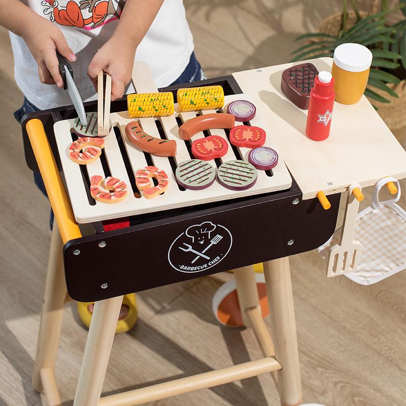 Hot Sales Pretend Barbecue Trolley Toy Wooden Construction Bench Barbecue Cart Toy