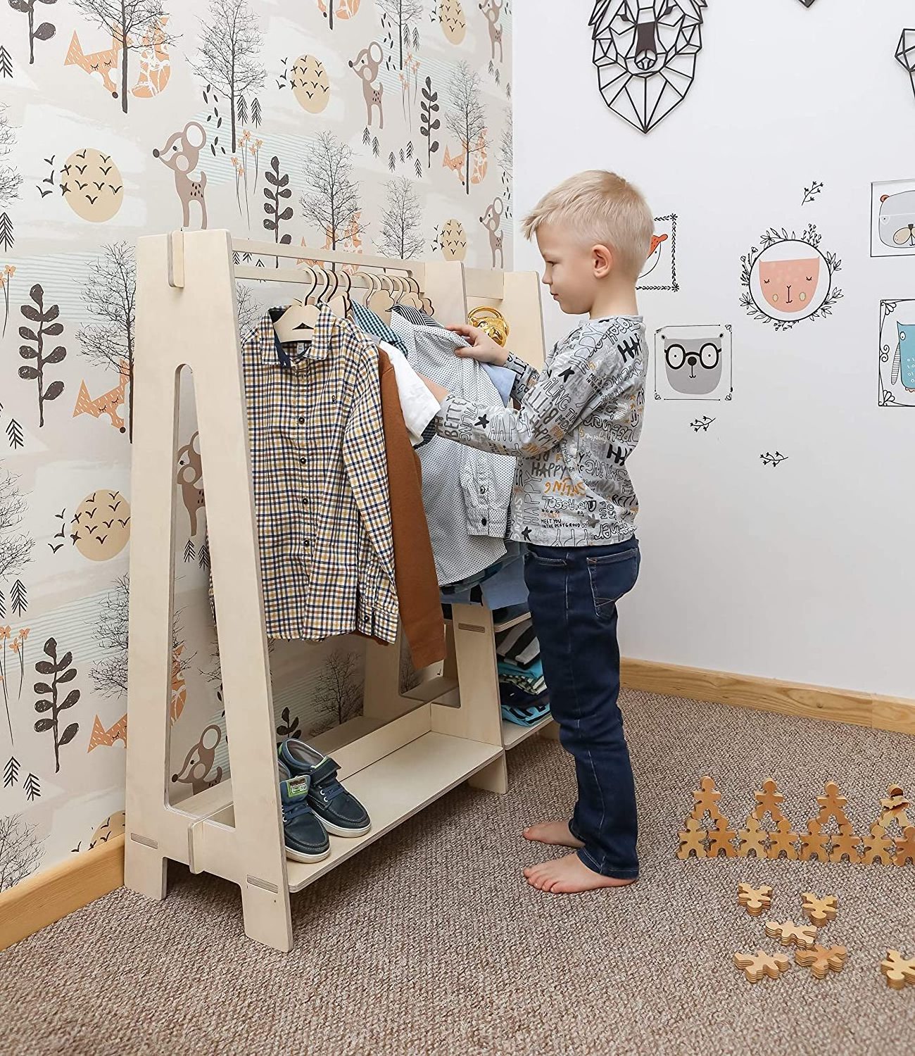 Wood Dress Up Storage   Clothing Rack & Side Hooks  Toy Storage and Costumes Organizer for Kids