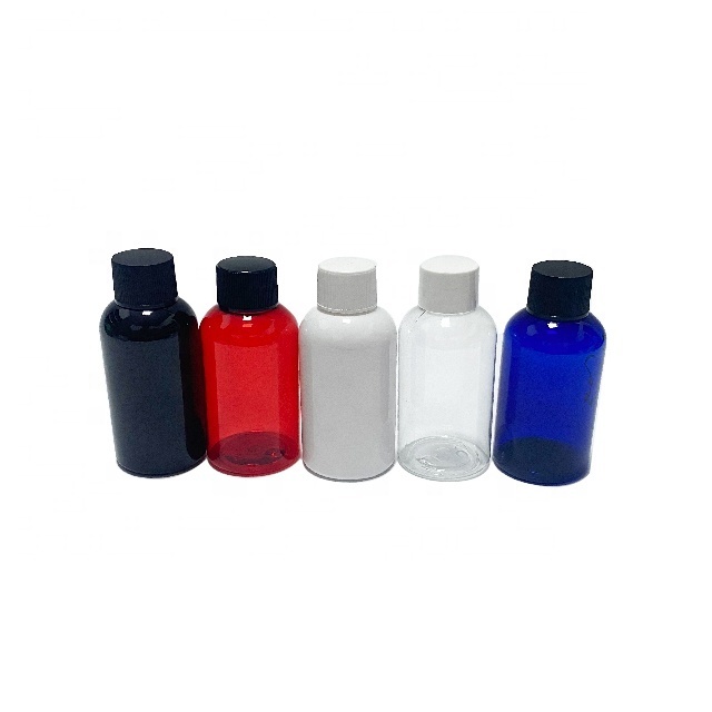 2 oz 60 ml red black white Plastic Round PET Bottle with screw top cap aluminum induction liner for oil medicine