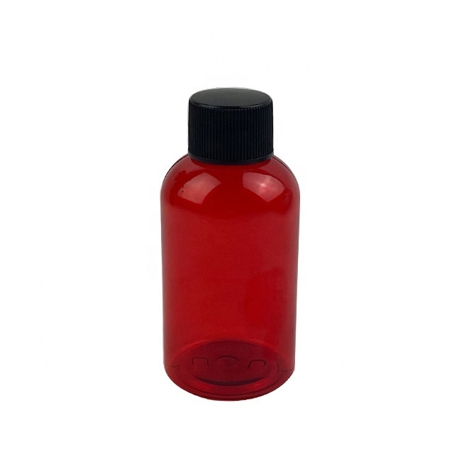 2 oz 60 ml red black white Plastic Round PET Bottle with screw top cap aluminum induction liner for oil medicine