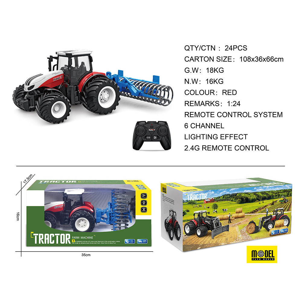 1/24 Scale Model 6CH 2.4GHZ Plastic Rubber Tyre Toys RC Tractor With Land Leveling Function