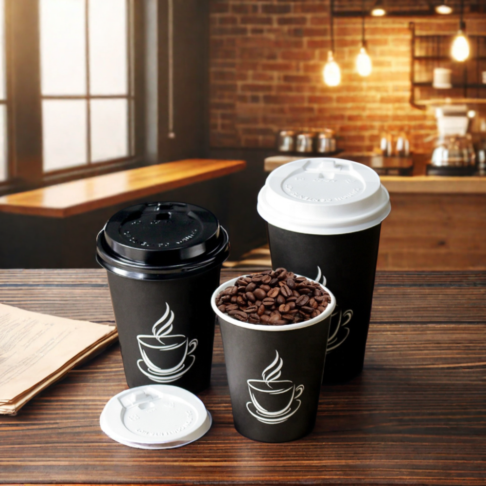 AT PACK Custom Cafe cup Coffee Eco Friendly Takeaway 6 oz 8 oz 12oz Disposable Black Coffe Cup Paper Hot Coffee Cups With Lids