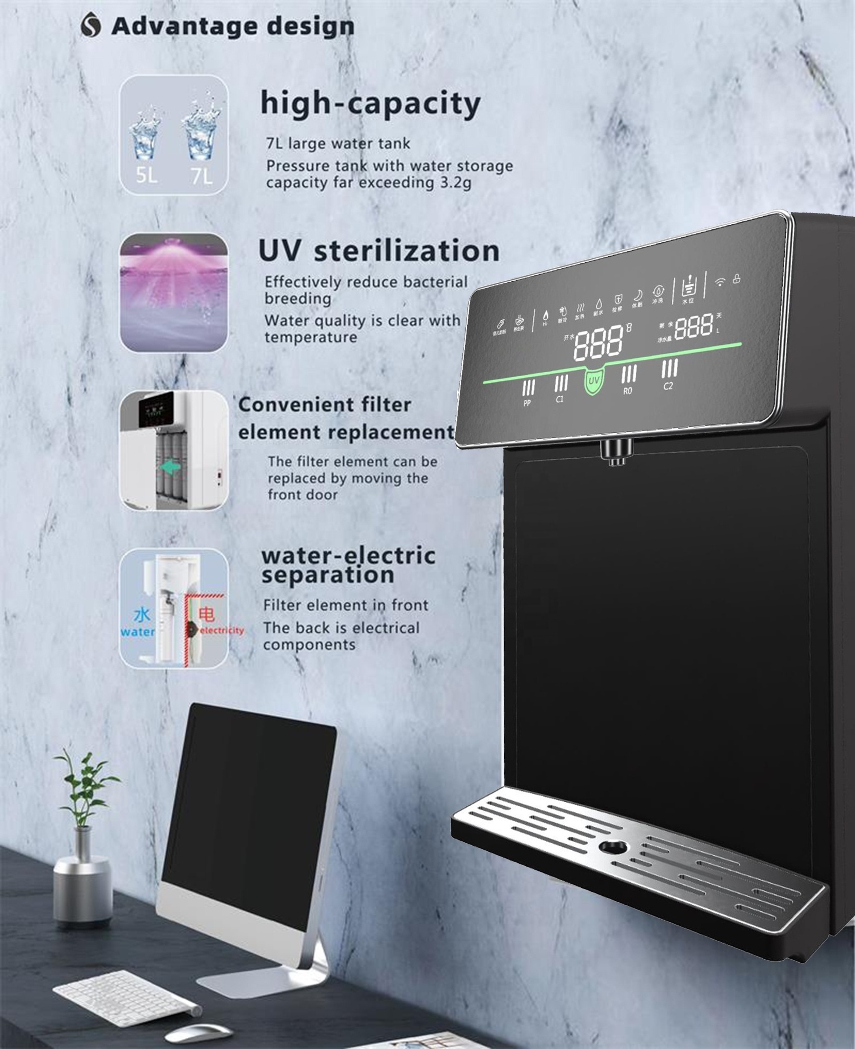 100 gpd Water filter Reverse osmosis With Uv hot cold wall water dispenser for home and office water purifier countertop