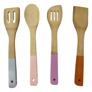 5PCS Bamboo Cooking Tools Kitchenware Spatula Spoon Cooking Utensils With Colour Holder Bamboo Utensil Set