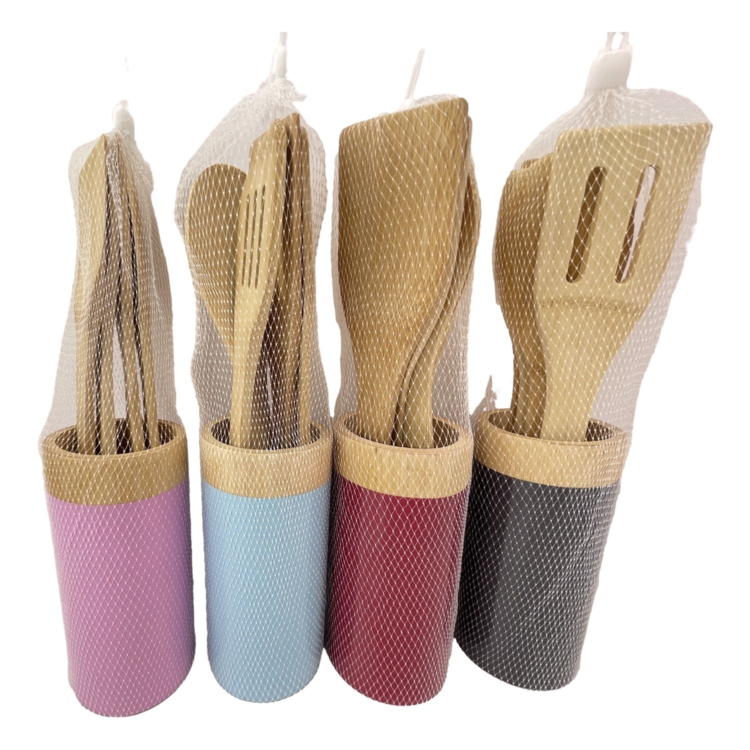 5PCS Bamboo Cooking Tools Kitchenware Spatula Spoon Cooking Utensils With Colour Holder Bamboo Utensil Set