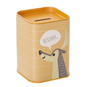 Cute Animal Cartoon Coin Bank Square Piggy Bank Metal Storage Jar