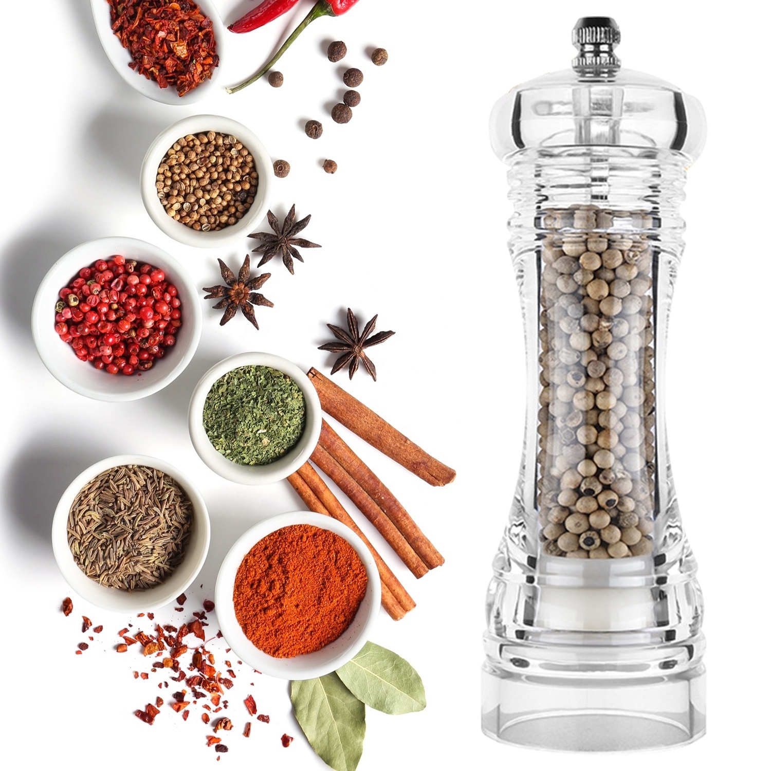 Kitchen Grinding Tool Acrylic Spices Mill Shaker 4/5/6 Inch Clear Ceramic Manual Pepper Sea Salt Grinder