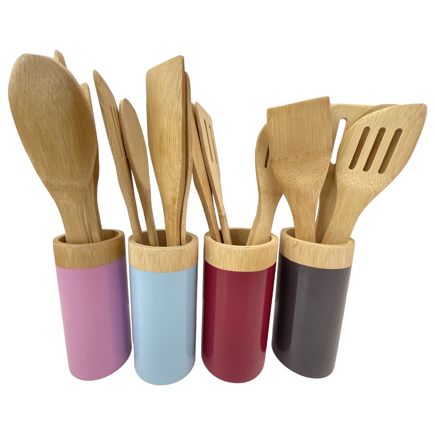 5PCS Bamboo Cooking Tools Kitchenware Spatula Spoon Cooking Utensils With Colour Holder Bamboo Utensil Set