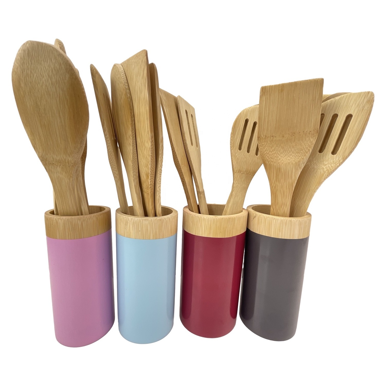 5PCS Bamboo Cooking Tools Kitchenware Spatula Spoon Cooking Utensils With Colour Holder Bamboo Utensil Set