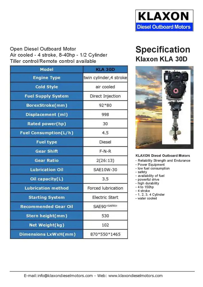 Excellent Lightweight 30 Horse Power KLAXON Diesel Open Air Cooled Outboard Motor KLA30D High Power Jet Motor