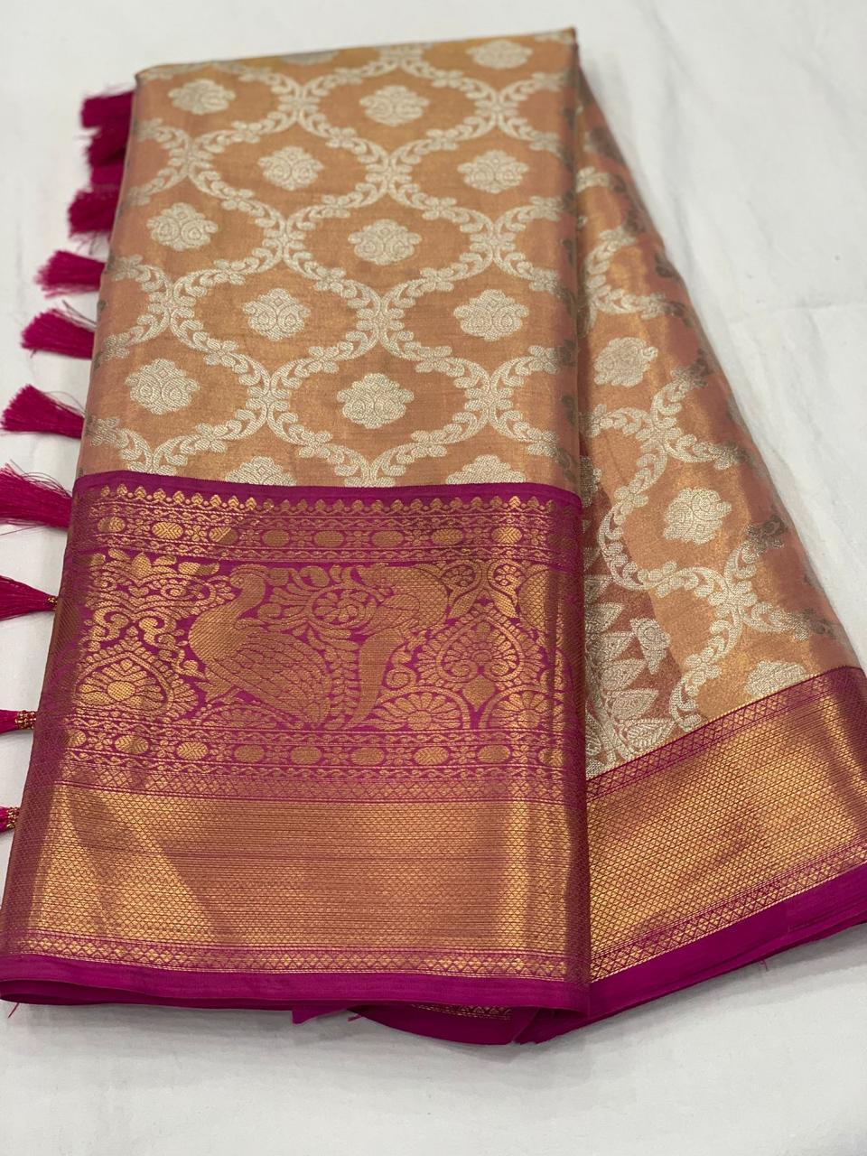 Kanjivaram silk fabric with Zari weawing pallu and contrast Zari weawing big border and all over Motifs in saree with Fancy