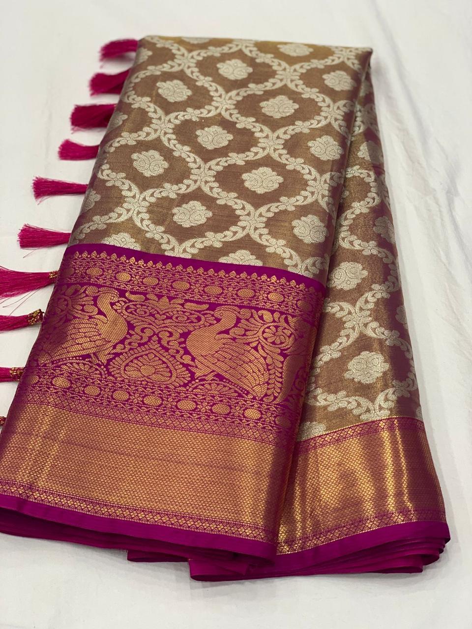 Kanjivaram silk fabric with Zari weawing pallu and contrast Zari weawing big border and all over Motifs in saree with Fancy