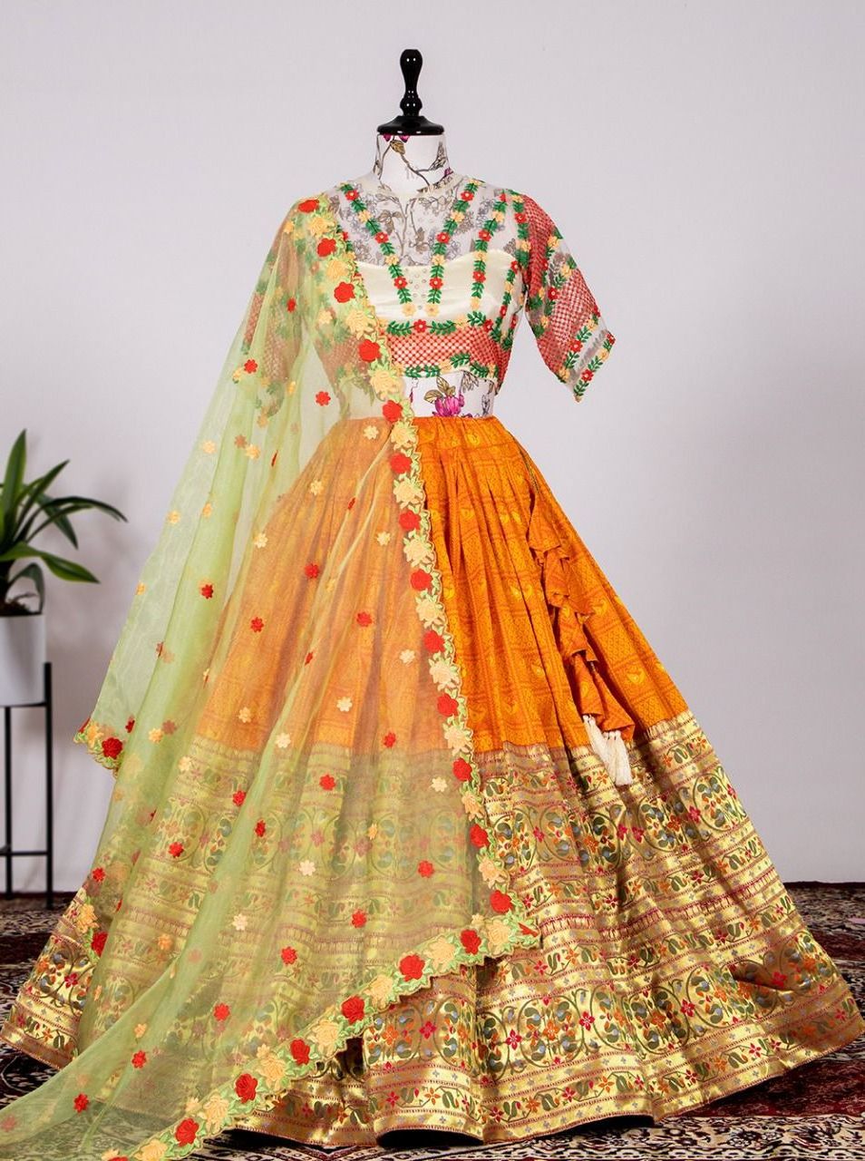 Good Quality Most Trending  A jacquard orange lehenga with thread Embroidery work and handwork blouse with a beautiful organza