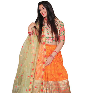 Good Quality Most Trending  A jacquard orange lehenga with thread Embroidery work and handwork blouse with a beautiful organza