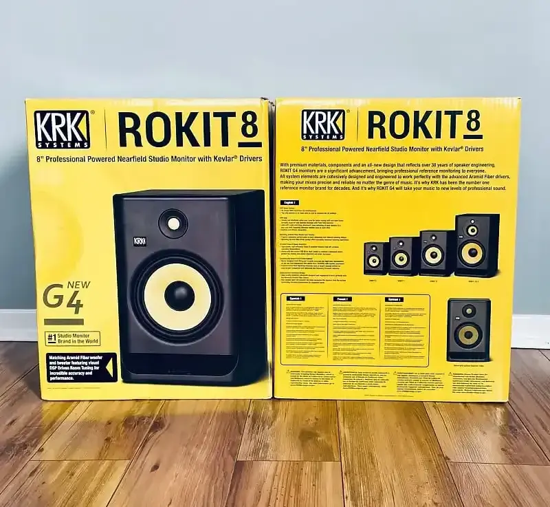 Assert New KRK RP8 Rokit 8 G4 Professional Bi-Amp 8 Powered Studio Monitor Pair Black Available  Discount Brand New