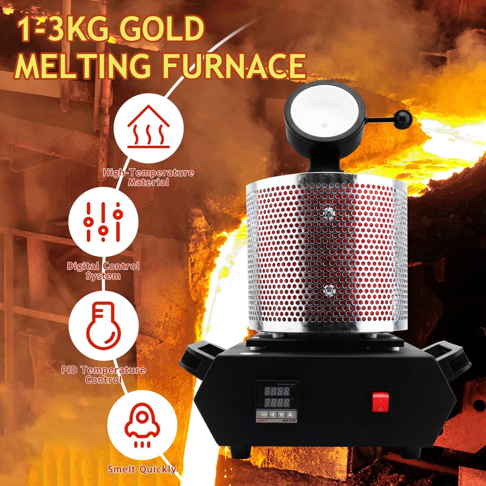 1-3kg Small Smelting Furnace Electric Gold Melting Machine Metal Melting Furnace for Aluminum Copper Silver with Protective Net