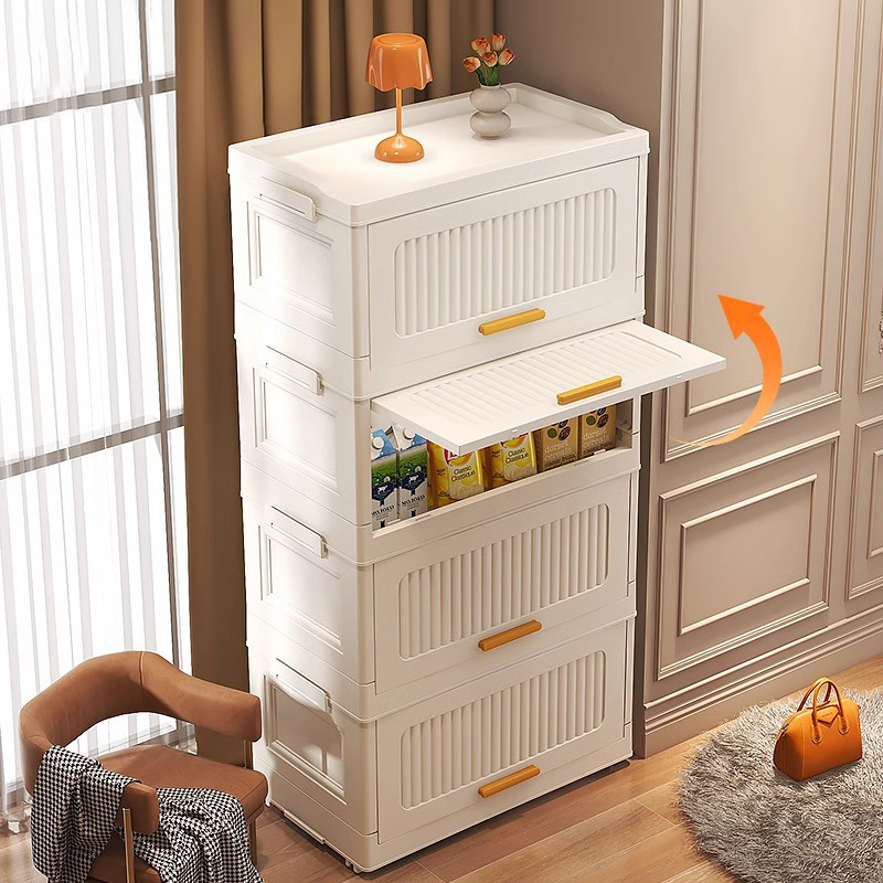 Lid Flip Over Folding Storage Cabinet Foldable Boxes Bins Set Containers White Stackable Plastic Organizer Household Save Space