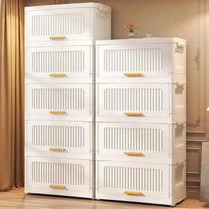 Lid Flip Over Folding Storage Cabinet Foldable Boxes Bins Set Containers White Stackable Plastic Organizer Household Save Space