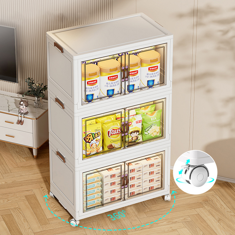 Easy Install Clothes Plastic Folding Bins Box Office Bedroom Transparent Foldable Double Door 5 Shelf Drawers Storage Cabinet