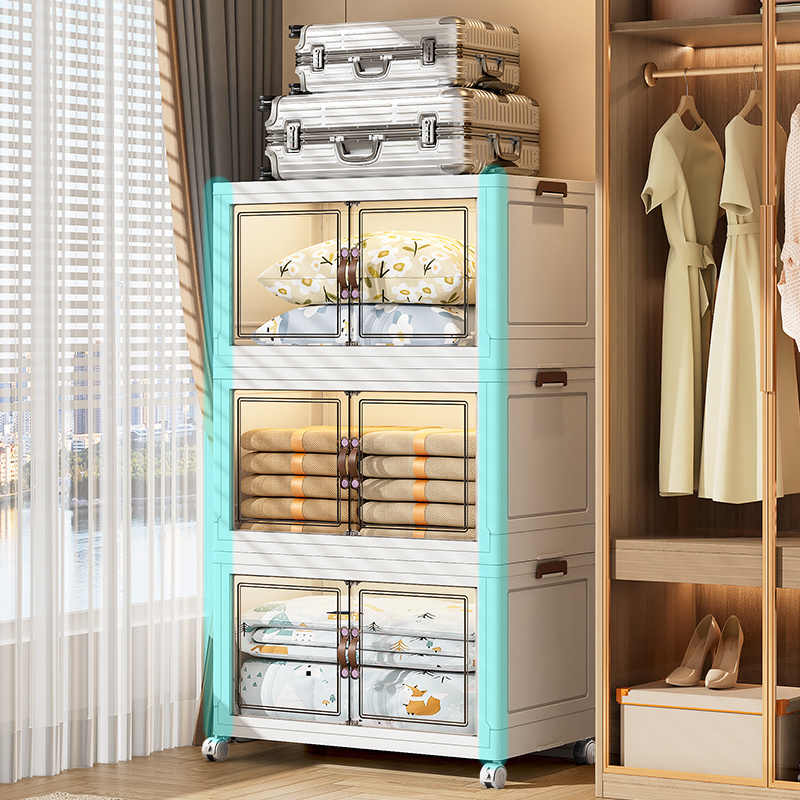 Easy Install Clothes Plastic Folding Bins Box Office Bedroom Transparent Foldable Double Door 5 Shelf Drawers Storage Cabinet