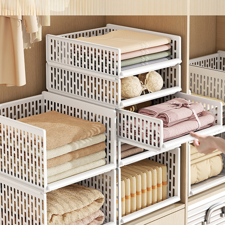 Wardrobe Clothes Drawer Space Saving Plastic Folding White Hollow Out Clothing Storage Basket Foldable Storage