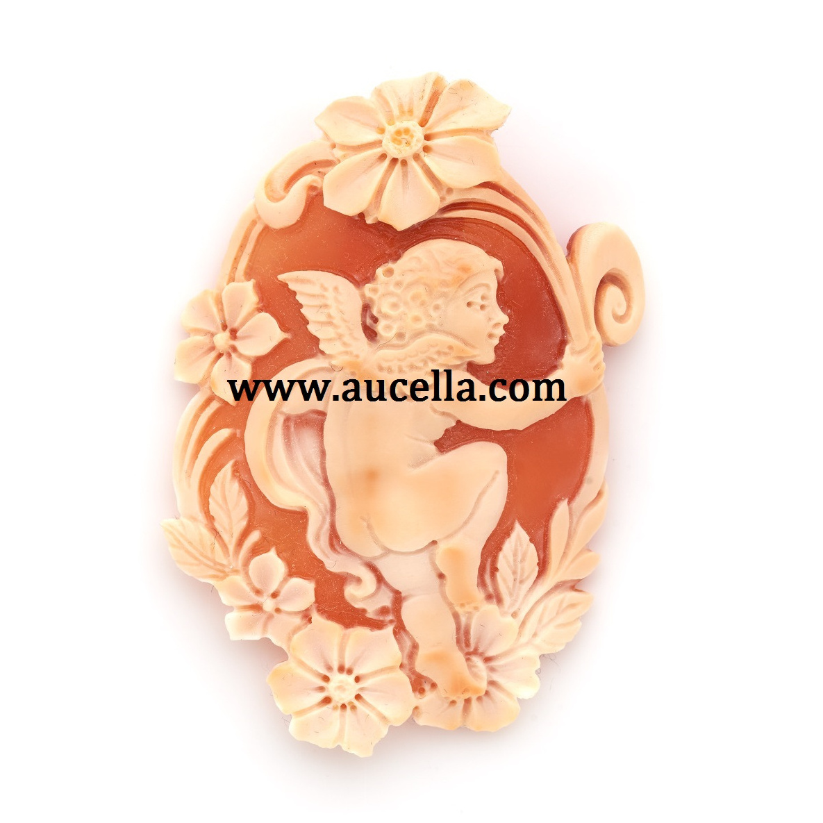 Cornelian Natural Seashell Cameo With Angel And Flowers Handmade