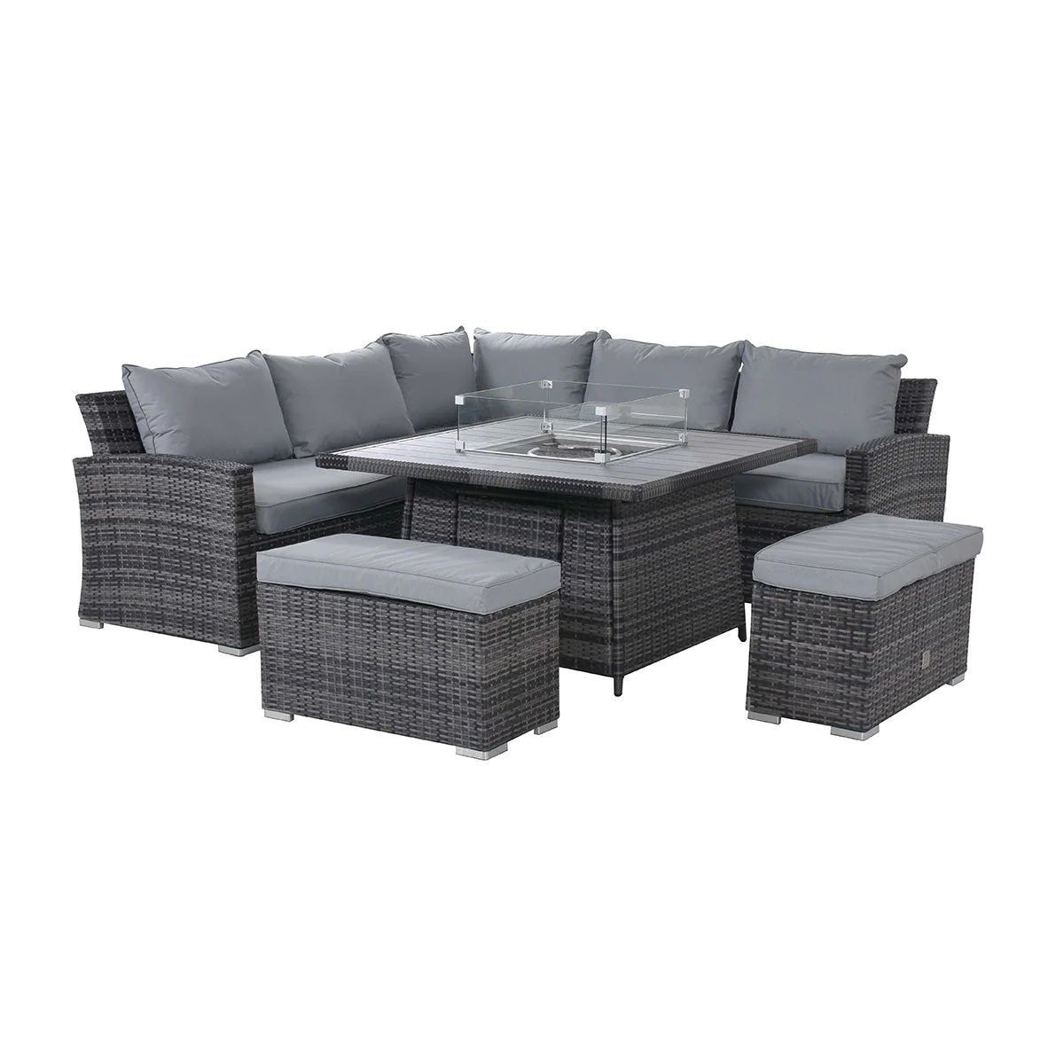 Malta Garden Rattan 9 Seat Rising Firepit Corner Set in Mix Grey with 2 bench