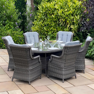 AUDU 6 Seater Round Rattan Elliptical Grey Dining Set Round outdoor Elliptical firepit table rattan dining chair