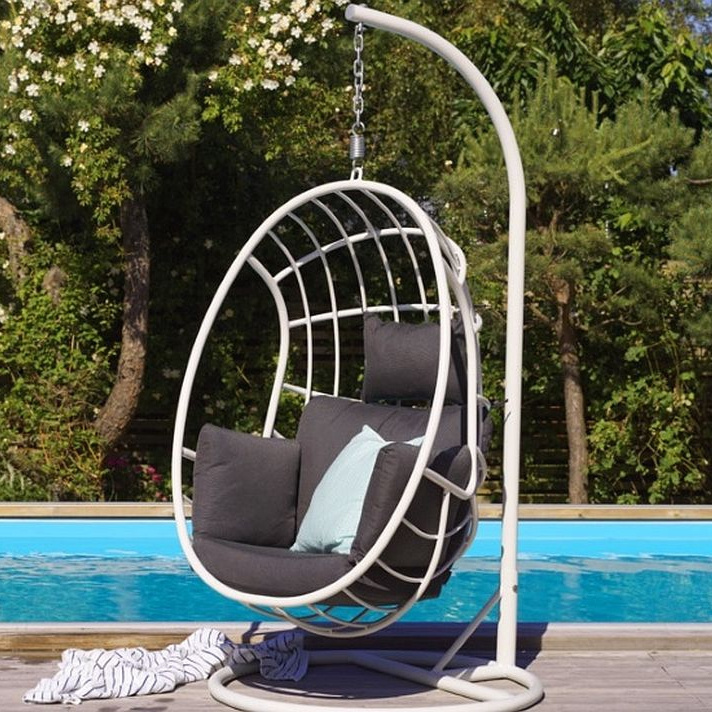 Patio Ceiling Swings White Metal Egg Rattan Swing Chair Hanging Chair with Metal Stand