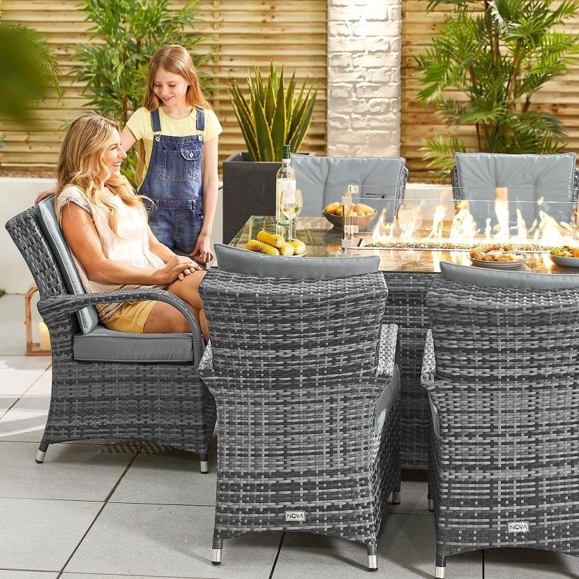 luxury modern 4 6 8 people garden outdoor rattan patio recliner chairs fire pit table top outdoor dining set with bbq grill