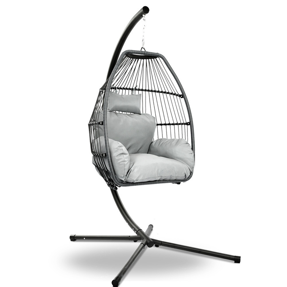 Outdoor Grey Rattan Swing Hanging Basket Egg Chair with Stand Cushion