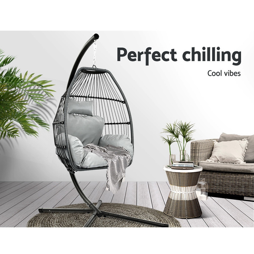 Outdoor Grey Rattan Swing Hanging Basket Egg Chair with Stand Cushion