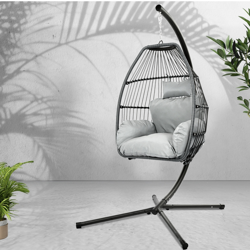 Outdoor Grey Rattan Swing Hanging Basket Egg Chair with Stand Cushion