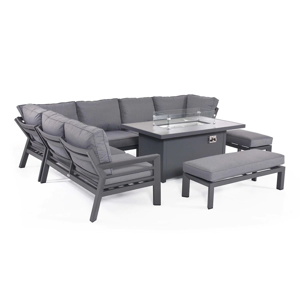 Fimous Aluminum Garden Corner Sofa fire pit Table Sets Dark Grey 9 Seat firepit table