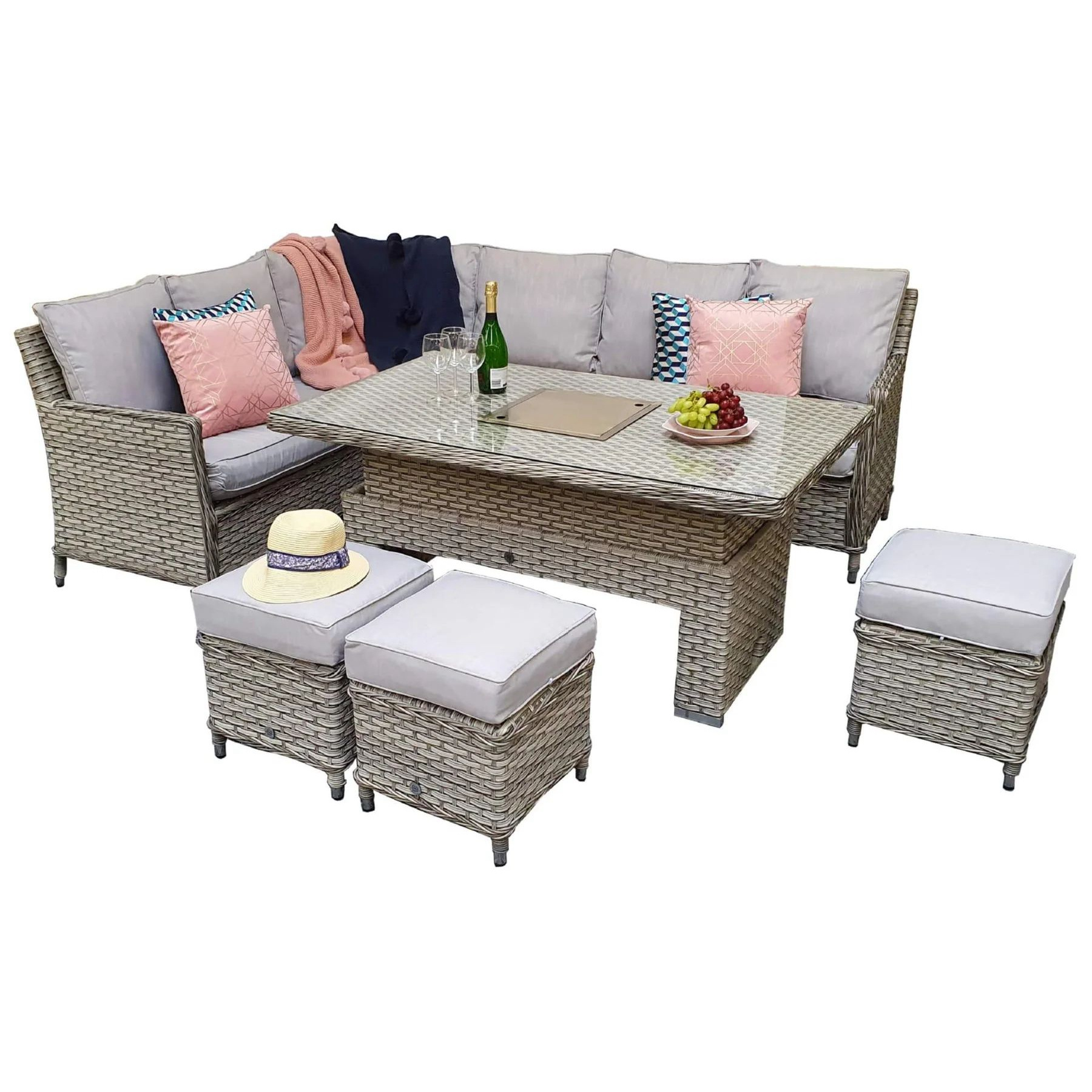 Outdoor Rattan Garden Furniture Corner 5 Seater Sofa Set With Cushions & Ice Bucket Table