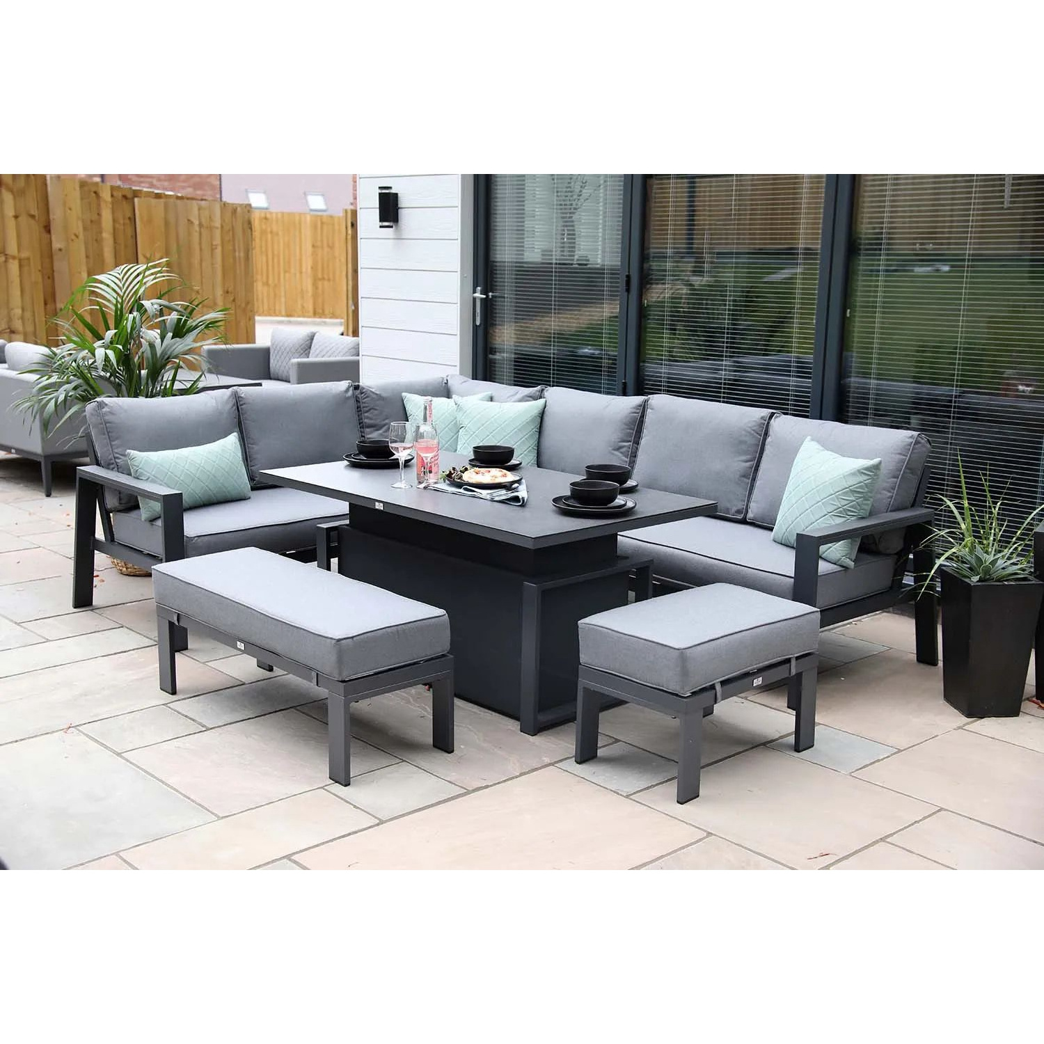 outdoor furniture dark grey corner Sofas exterior luxury modern Aluminum garden set patio garden sofas set with rising table