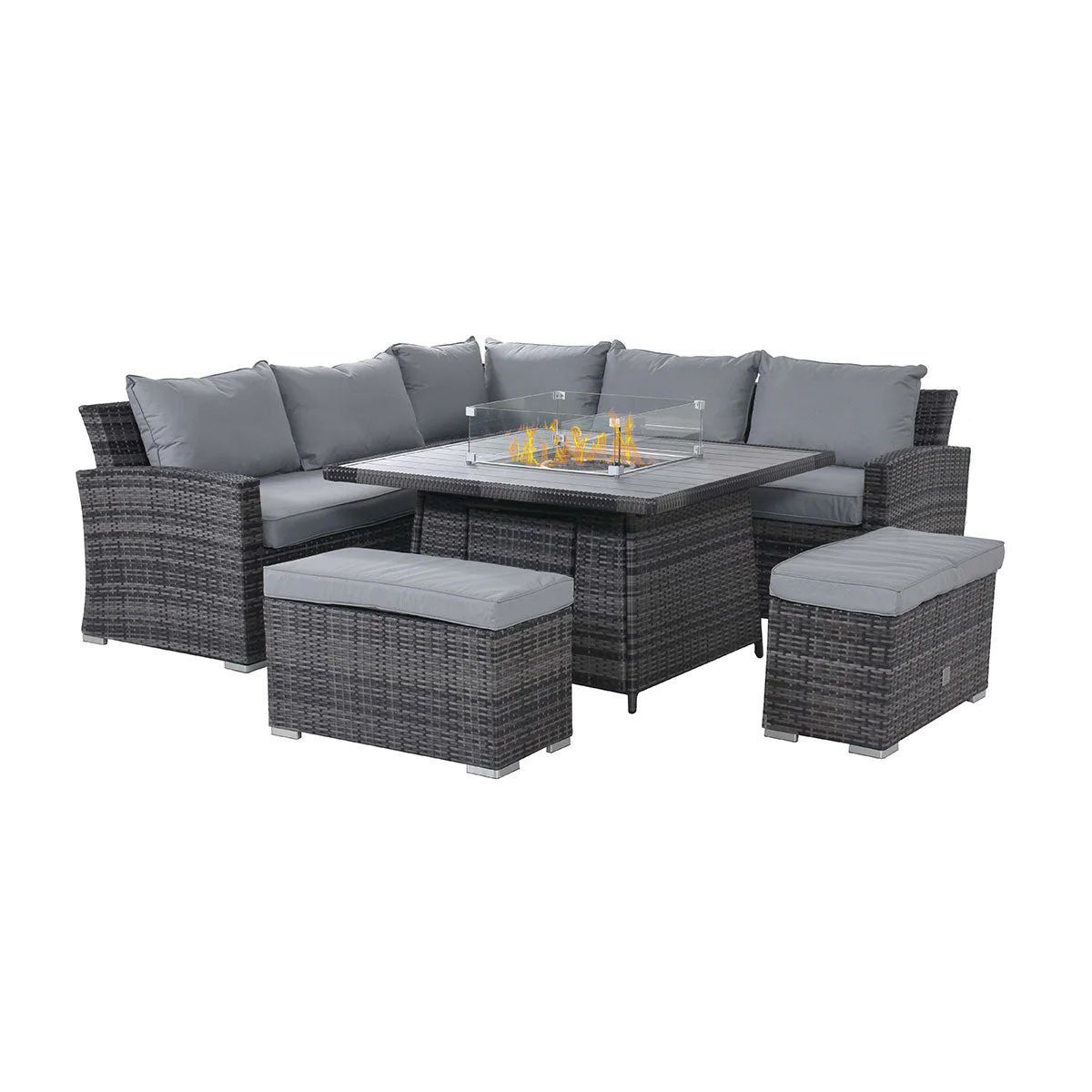 Malta Garden Rattan 9 Seat Rising Firepit Corner Set in Mix Grey with 2 bench