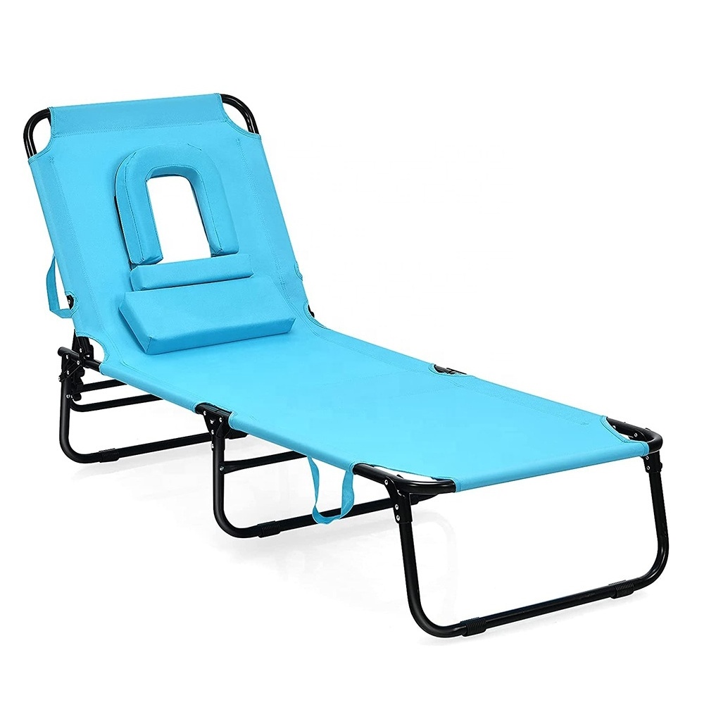 Outdoor 5-Position Adjustable Reclining Beach Sunbathing Chair Folding Chaise Lounge Chair with Hole for Face