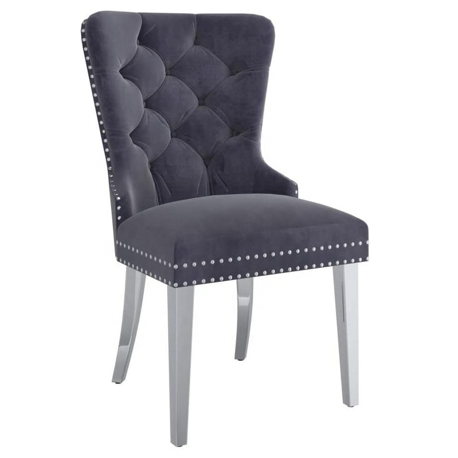 Set of 2 Dining Chairs with Tufted High Back Velvet Upholstered Dining Room Chairs Modern Elegant Nailhead Trim Ring Pull