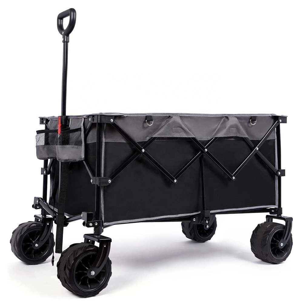 Enlarged Capacity Beach Wagon Break Wheels Collapsible Wagon Folding Garden Carts with 2 Drink Holders