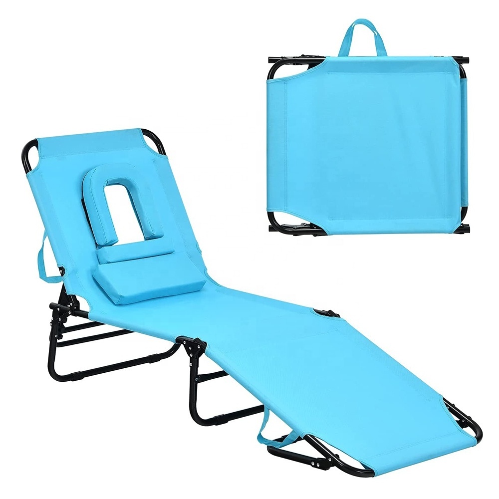 Outdoor 5-Position Adjustable Reclining Beach Sunbathing Chair Folding Chaise Lounge Chair with Hole for Face