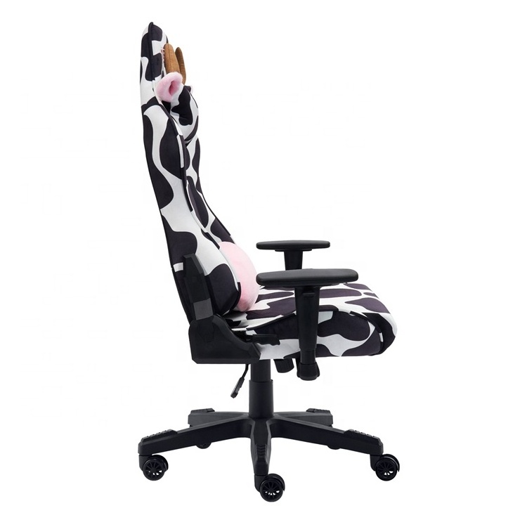 Factory Wholesale Reclining silla gamer cow print white and black velvet like fabric Gamer Chair Bar Racer Chile PU Gaming Chair