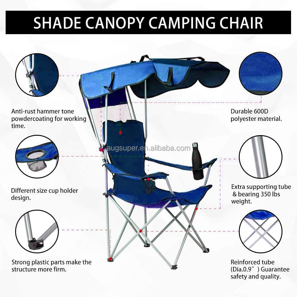 Canopy Shade Camping Chair Outdoor Fishing Picnic Garden Chairs Portable Beach Chairs with Umbrella Support 330 lbs